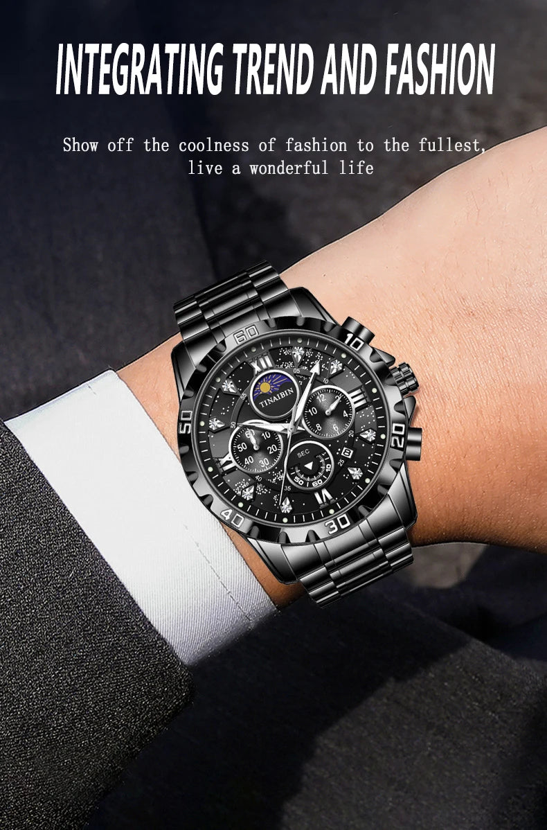 Luxury Men's Watches Sports Quartz Wrist Watch for Man Waterproof Stainless Steel Luminous Chronograph Date Moon Phase Reloj New