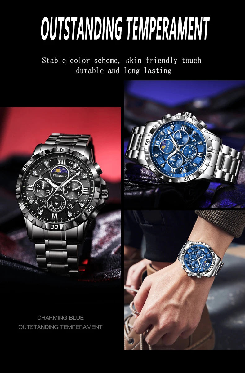 Luxury Men's Watches Sports Quartz Wrist Watch for Man Waterproof Stainless Steel Luminous Chronograph Date Moon Phase Reloj New