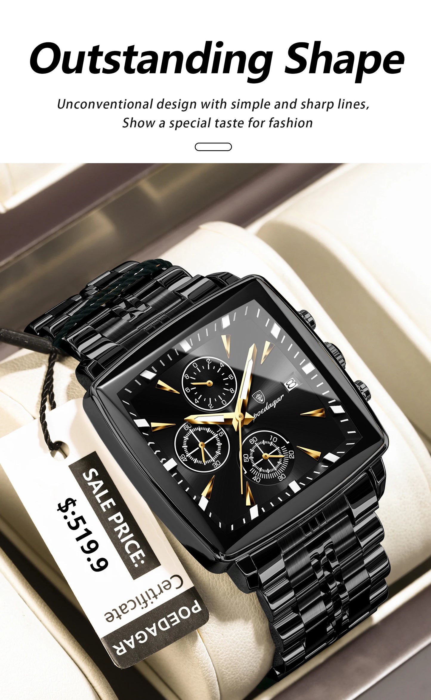 POEDAGAR Original Square Men Clock Waterproof Luminous Date Chronograph Man Watch Stainless Steel Quartz Men's Watches Reloj+Box