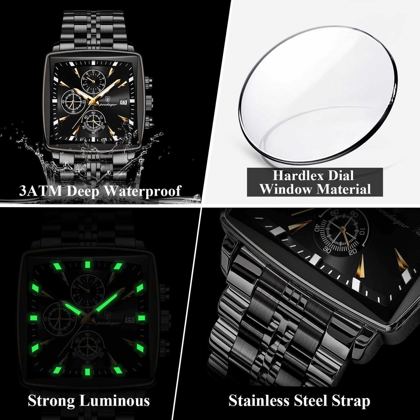 POEDAGAR Original Square Men Clock Waterproof Luminous Date Chronograph Man Watch Stainless Steel Quartz Men's Watches Reloj+Box