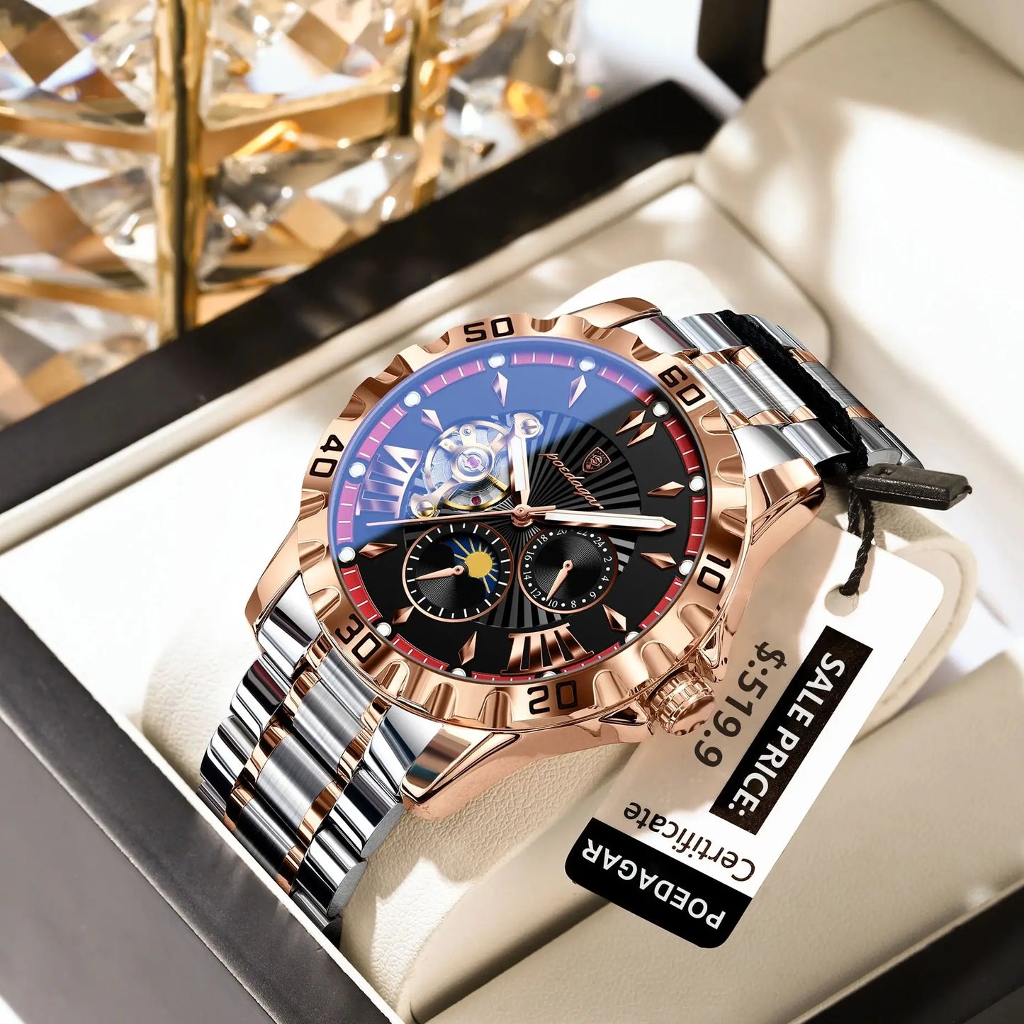 POEDAGAR Luxury Men Clock Hollow Tourbillon Automatic Mechanical Man Watch Waterproof Luminous Stainless Steel Men's Watches+Box