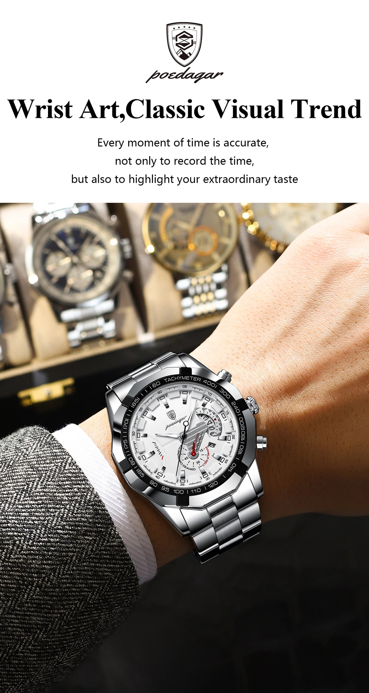 POEDAGAR Business Military Men Clock Waterproof Luminous Calendar Man Wristwatch Stainless Steel Quartz Men's Watches Male Reloj