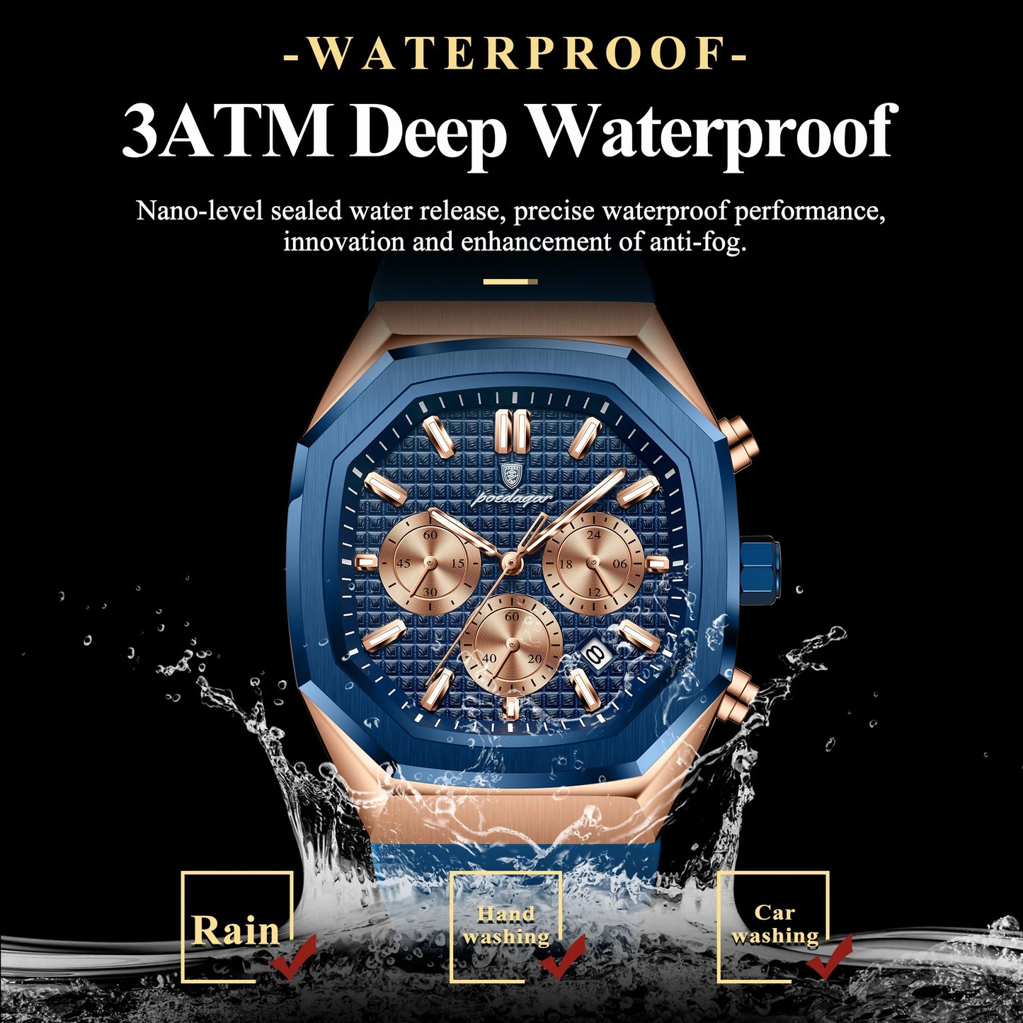 POEDAGAR Business Watch For Men Waterproof Luminous Chronograph Date Man Wristwatch Silicone Strap Quartz Men's Watches Male+Box