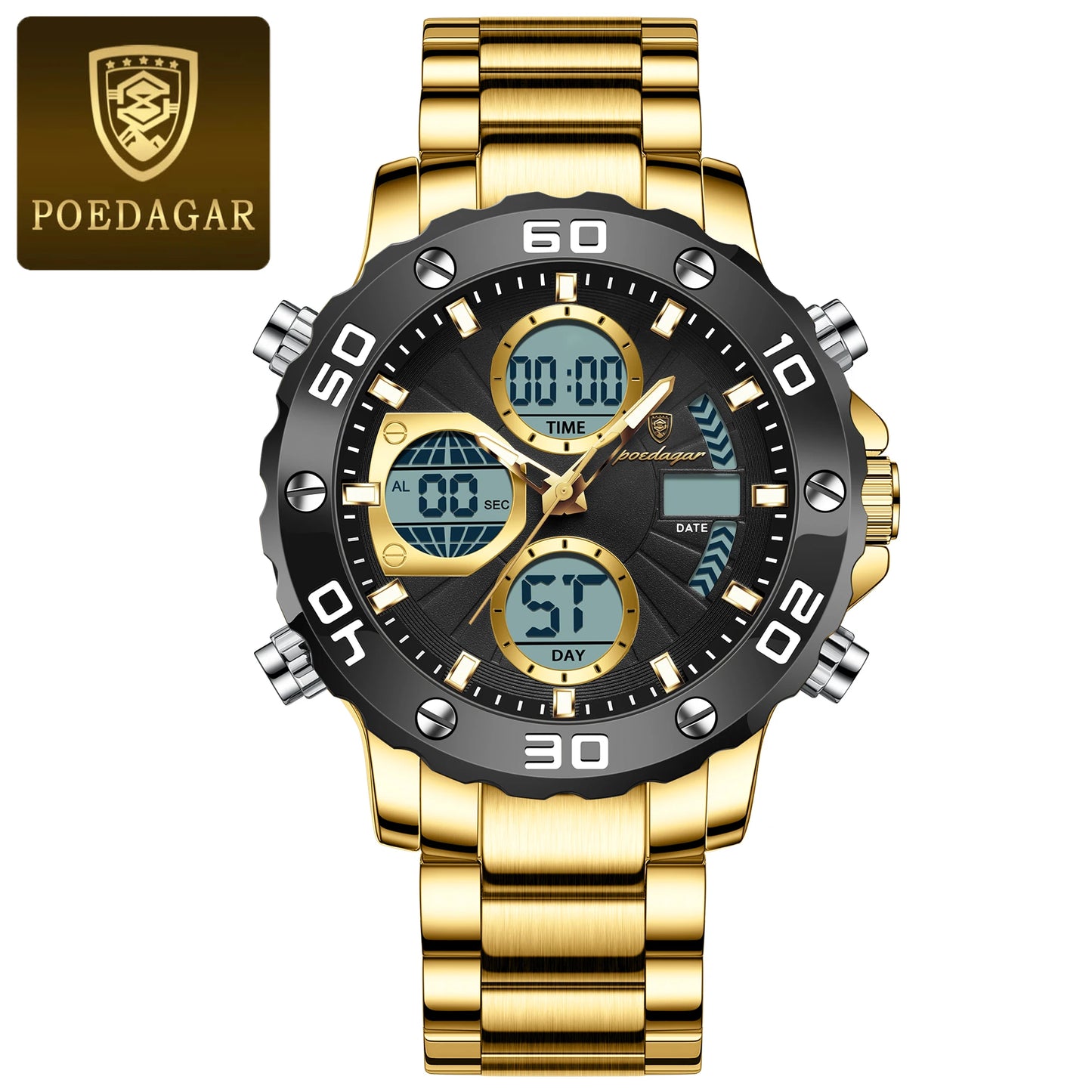 POEDAGAR Original Men Clock Waterproof Luminous LED Date Week Alarm Chronograph Man Watch Dual Time Display Quartz Men's Watches