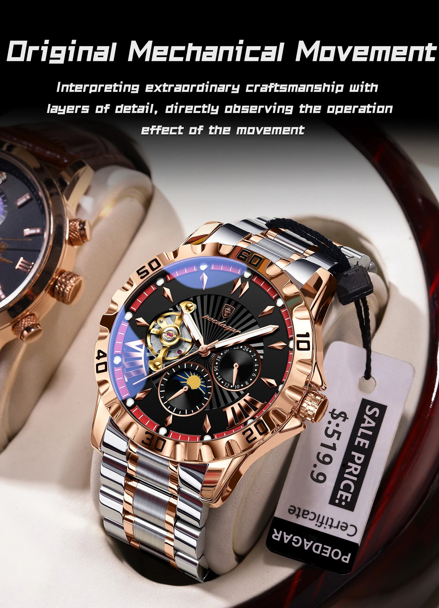 POEDAGAR Luxury Men Clock Hollow Tourbillon Automatic Mechanical Man Watch Waterproof Luminous Stainless Steel Men's Watches+Box