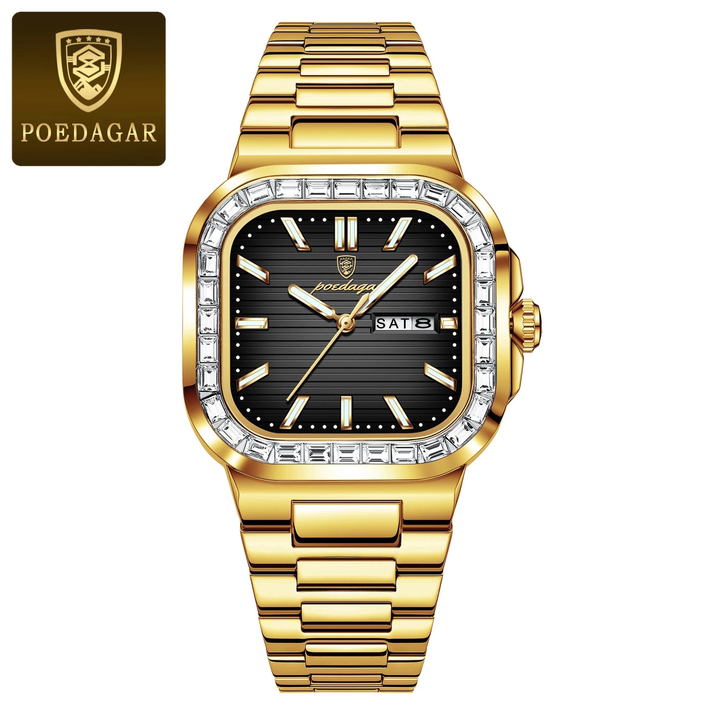 POEDAGAR Luxury Square Watch For Men Waterproof Luminous Date Week Man Watch Stainless Steel Casual Fashion Quartz Men's Watches