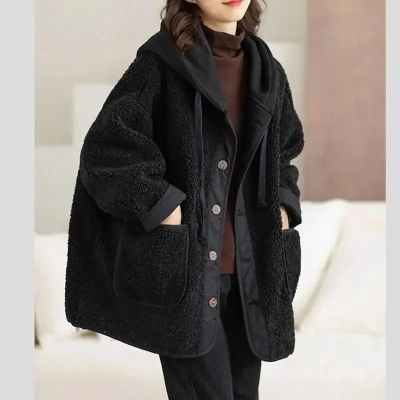 Lamb Wool Fleece Hooded Cotton-padded Jacket Coat