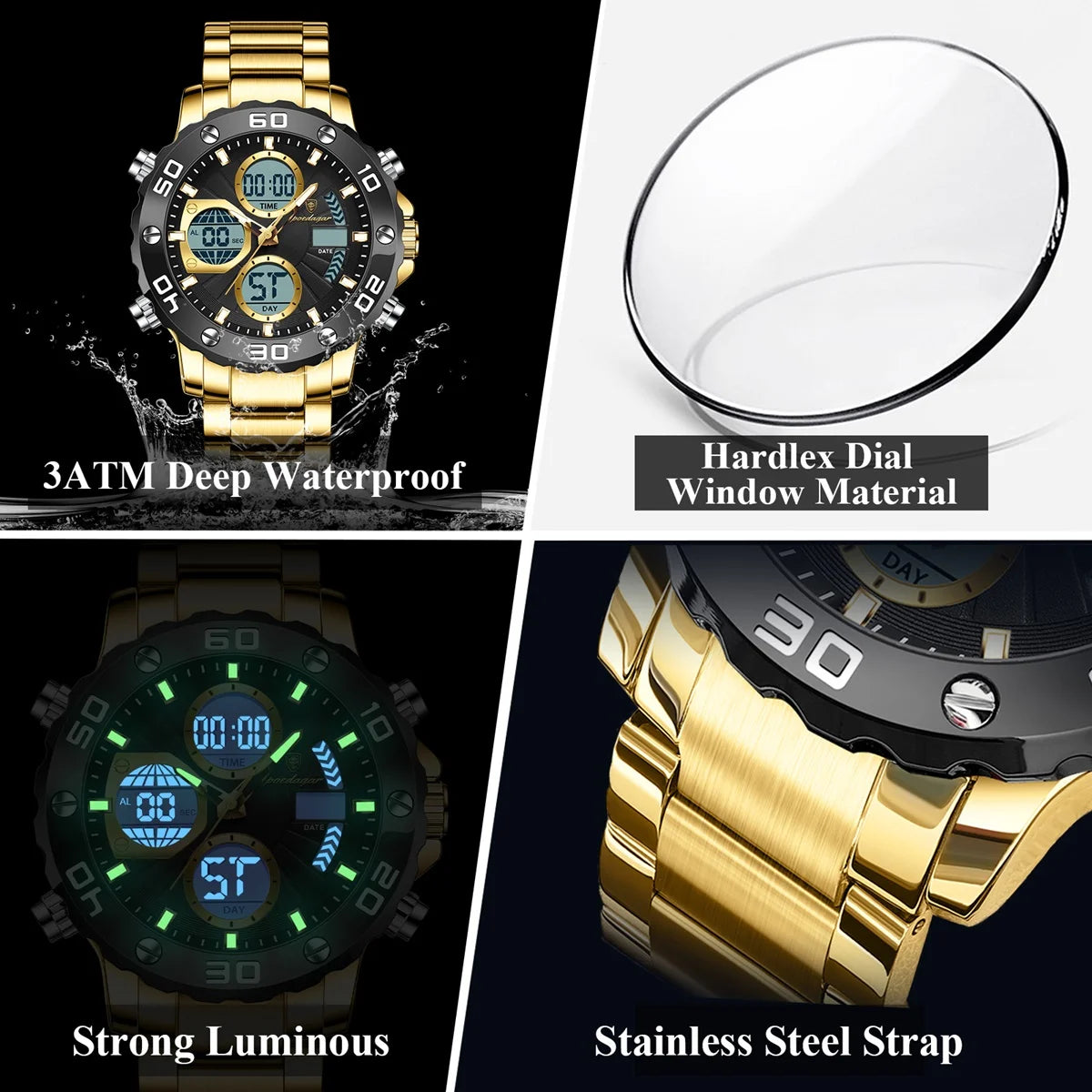 POEDAGAR Original Men Clock Waterproof Luminous LED Date Week Alarm Chronograph Man Watch Dual Time Display Quartz Men's Watches