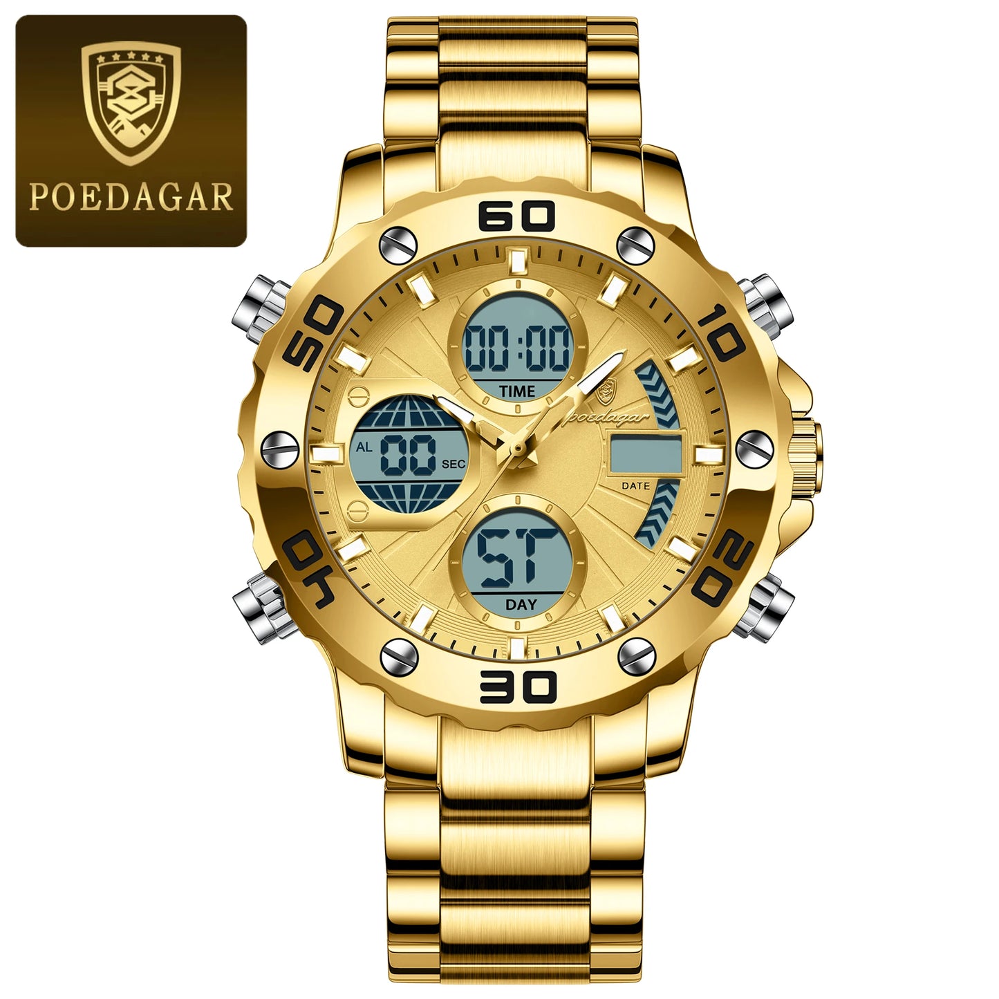 POEDAGAR Original Men Clock Waterproof Luminous LED Date Week Alarm Chronograph Man Watch Dual Time Display Quartz Men's Watches