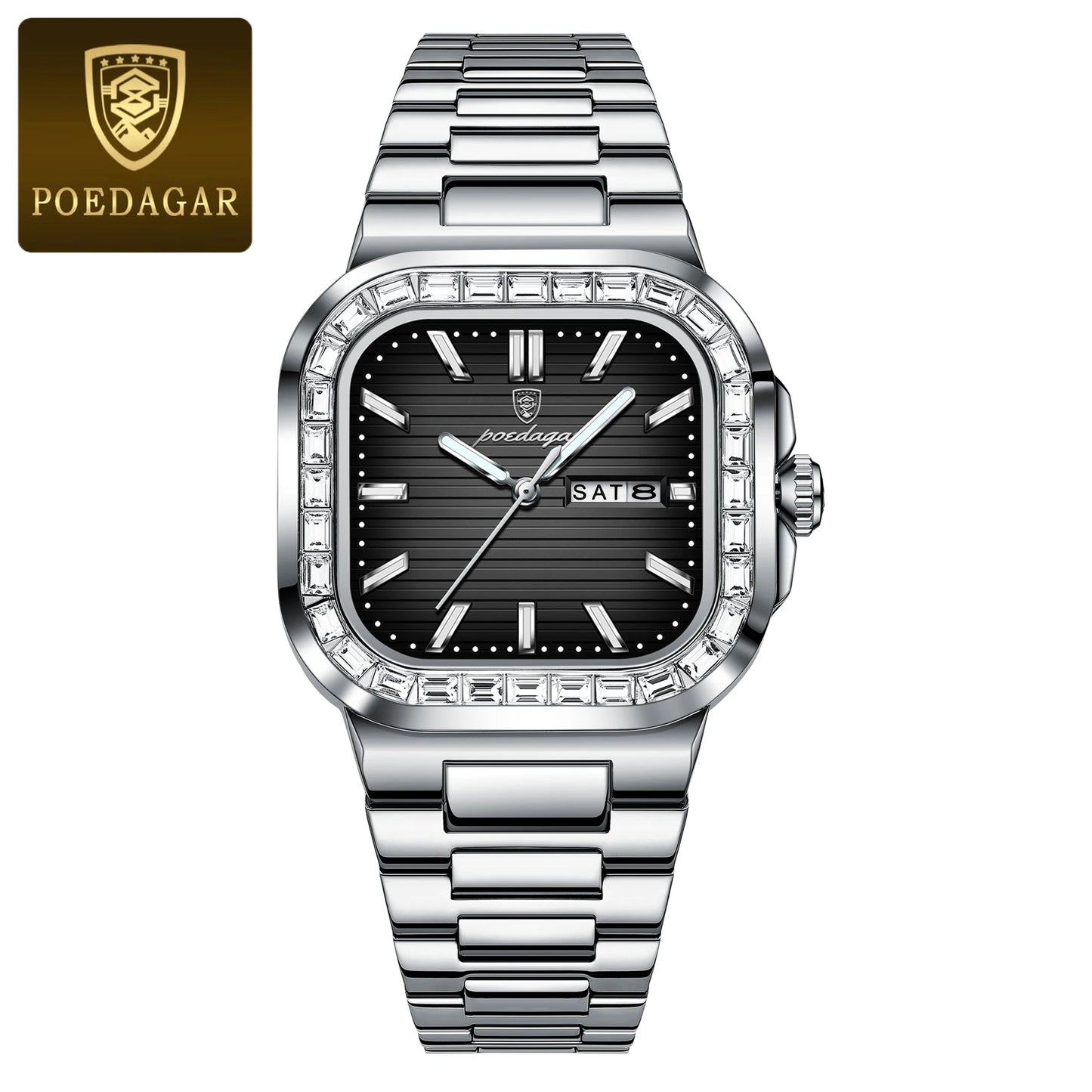 POEDAGAR Luxury Square Watch For Men Waterproof Luminous Date Week Man Watch Stainless Steel Casual Fashion Quartz Men's Watches