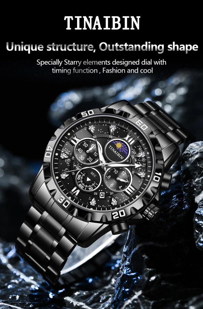 Luxury Men's Watches Sports Quartz Wrist Watch for Man Waterproof Stainless Steel Luminous Chronograph Date Moon Phase Reloj New