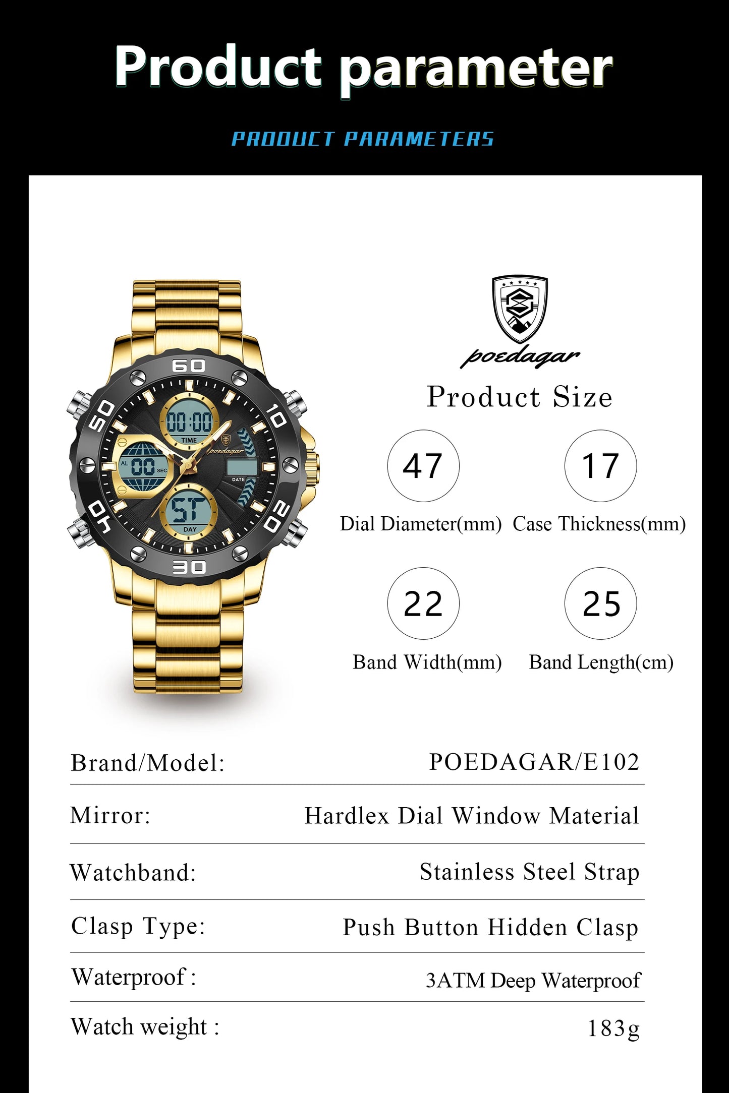 POEDAGAR Original Men Clock Waterproof Luminous LED Date Week Alarm Chronograph Man Watch Dual Time Display Quartz Men's Watches