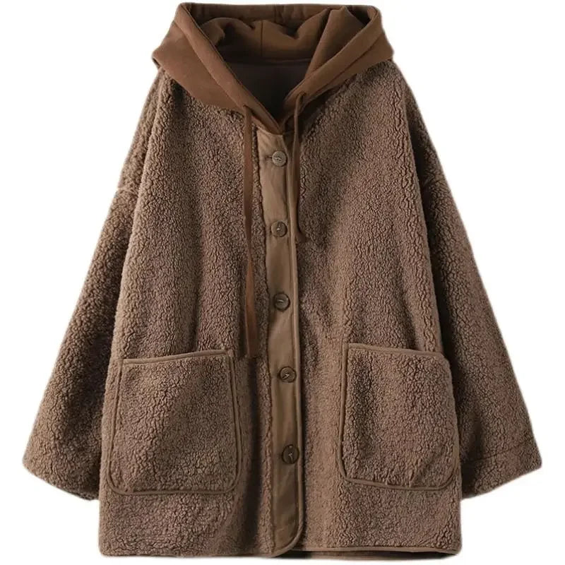 Lamb Wool Fleece Hooded Cotton-padded Jacket Coat