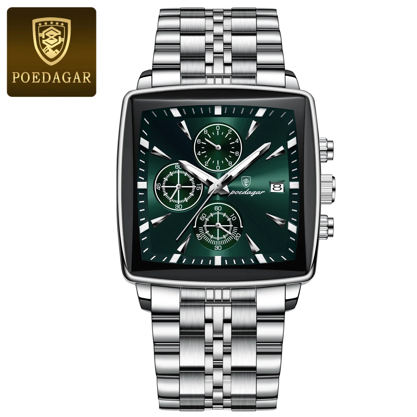 POEDAGAR Original Square Men Clock Waterproof Luminous Date Chronograph Man Watch Stainless Steel Quartz Men's Watches Reloj+Box