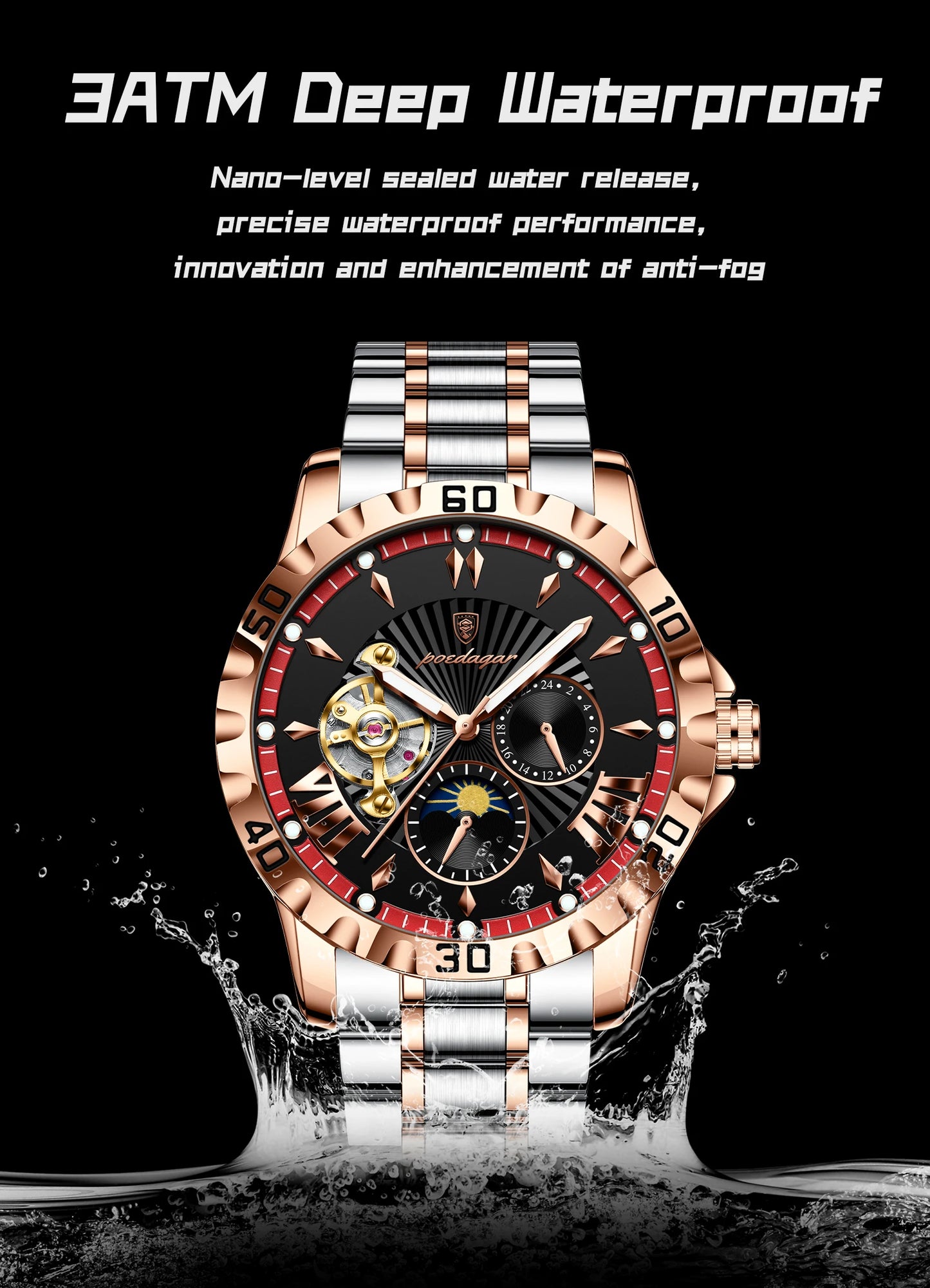 POEDAGAR Luxury Men Clock Hollow Tourbillon Automatic Mechanical Man Watch Waterproof Luminous Stainless Steel Men's Watches+Box