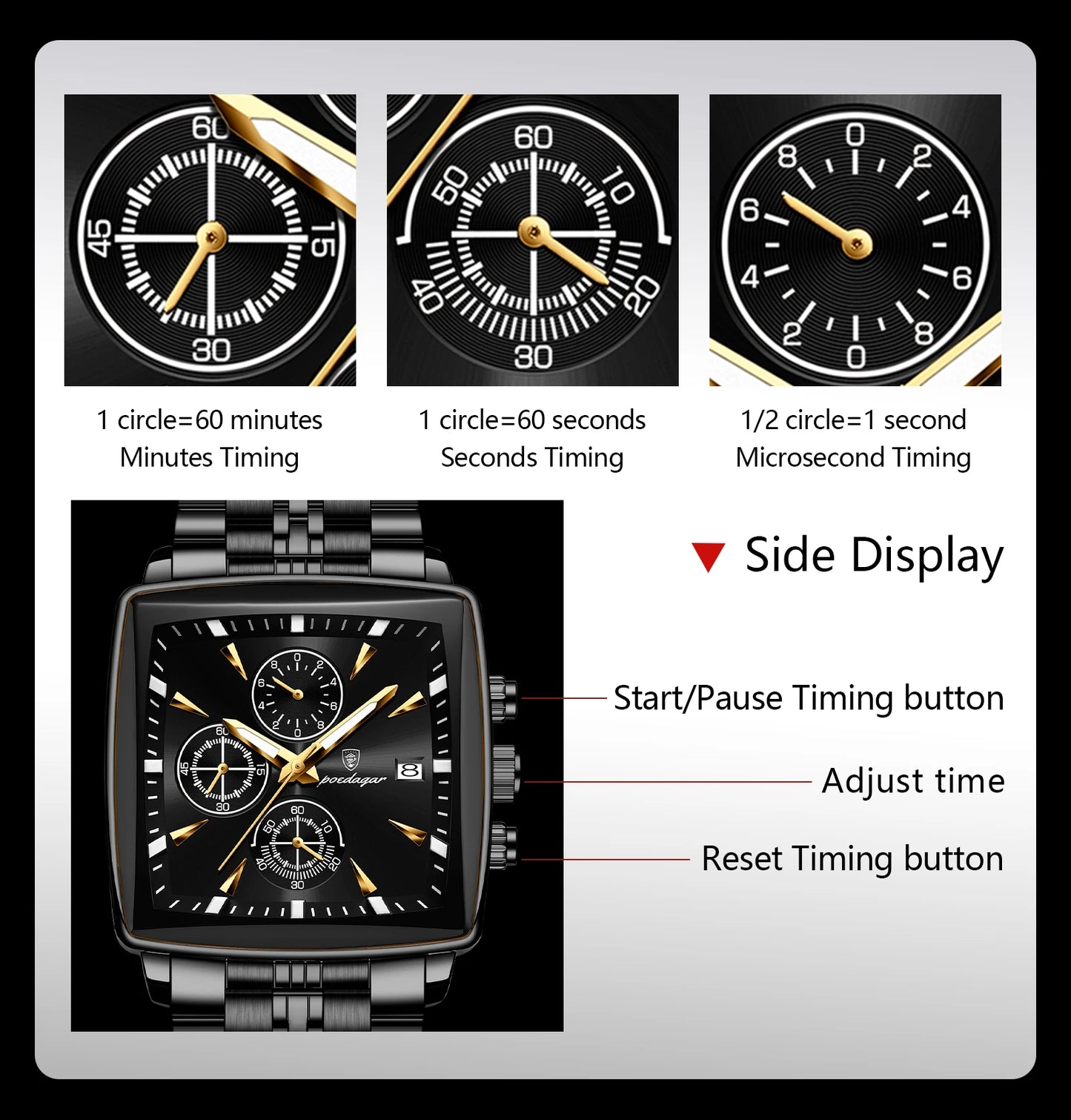 POEDAGAR Original Square Men Clock Waterproof Luminous Date Chronograph Man Watch Stainless Steel Quartz Men's Watches Reloj+Box