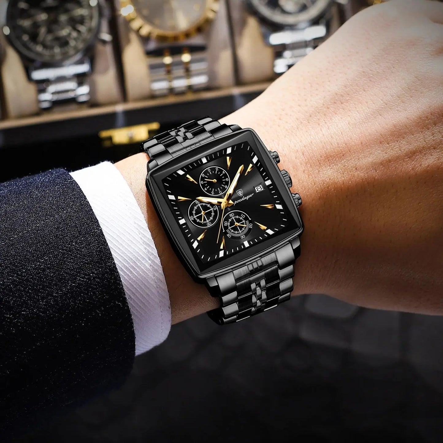 POEDAGAR Original Square Men Clock Waterproof Luminous Date Chronograph Man Watch Stainless Steel Quartz Men's Watches Reloj+Box