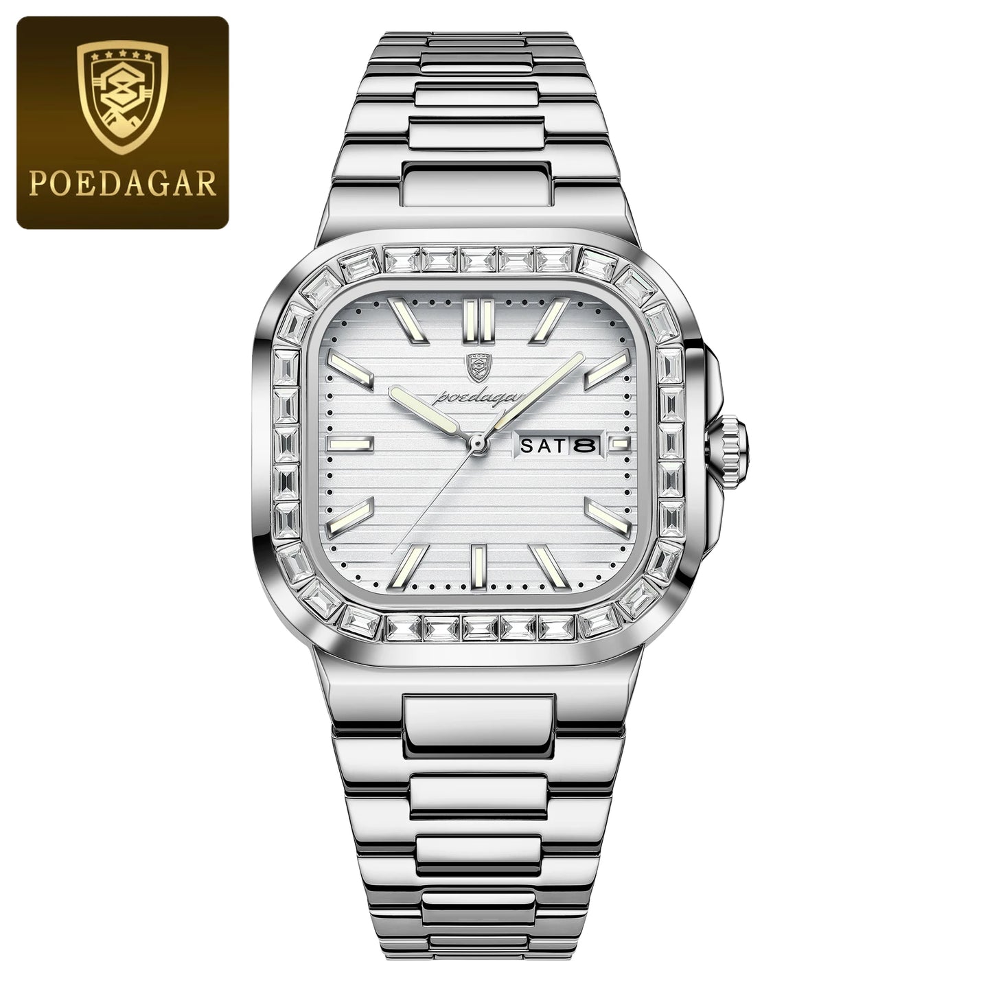 POEDAGAR Luxury Square Watch For Men Waterproof Luminous Date Week Man Watch Stainless Steel Casual Fashion Quartz Men's Watches