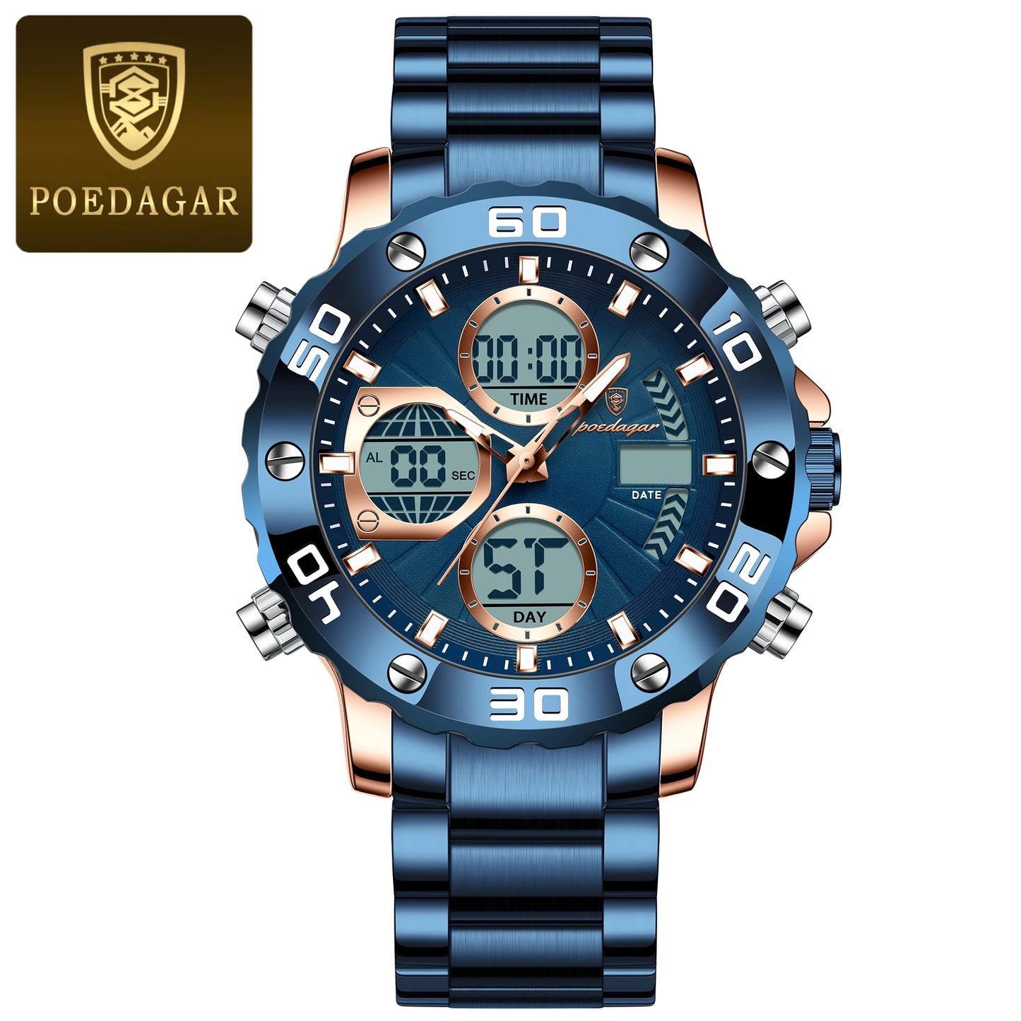 POEDAGAR Original Men Clock Waterproof Luminous LED Date Week Alarm Chronograph Man Watch Dual Time Display Quartz Men's Watches