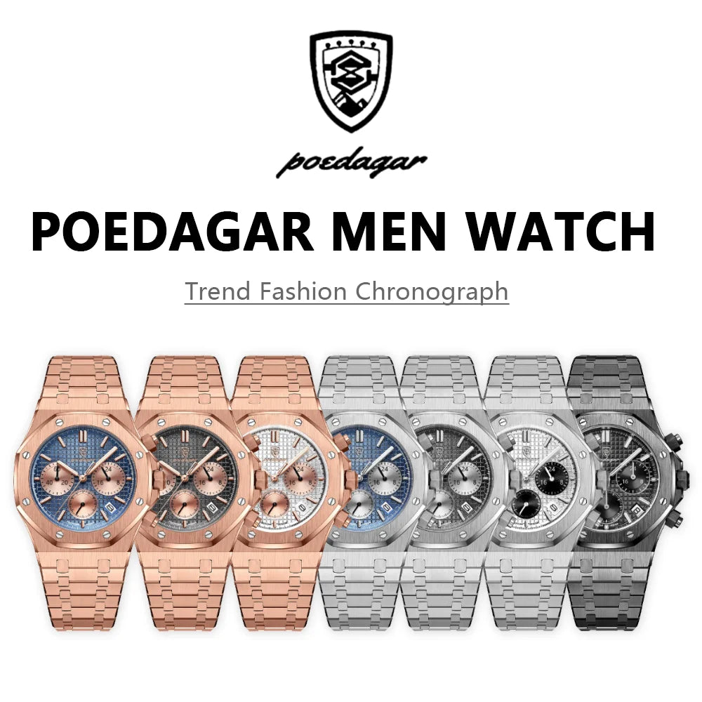 POEDAGAR Men's Watches Fine Steel Fashion Original Quartz Watch for Man Waterproof Luminous Date Chronograph Luxury Wristwatch