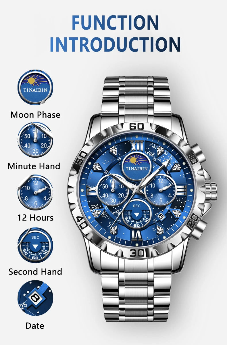 Luxury Men's Watches Sports Quartz Wrist Watch for Man Waterproof Stainless Steel Luminous Chronograph Date Moon Phase Reloj New