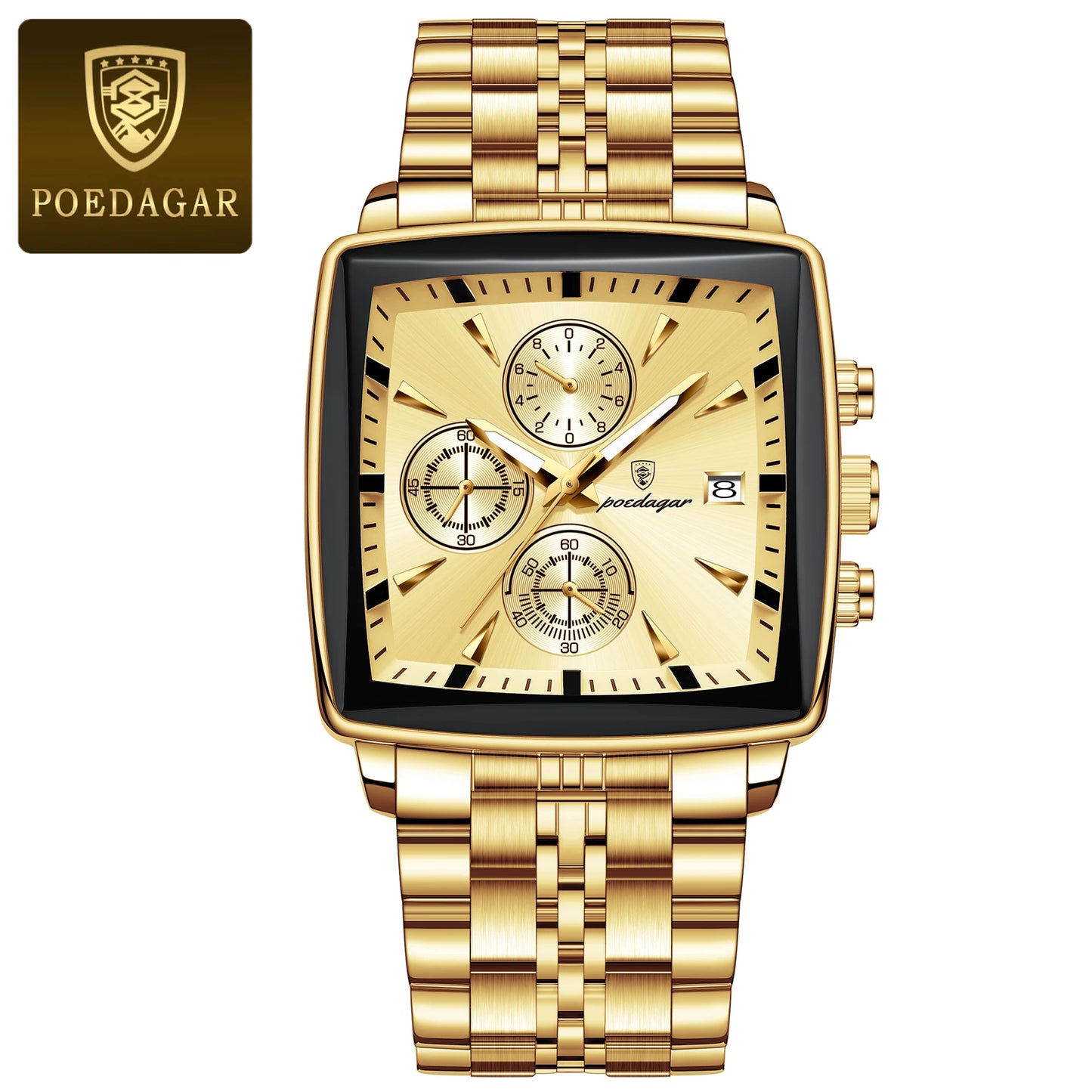 POEDAGAR Original Square Men Clock Waterproof Luminous Date Chronograph Man Watch Stainless Steel Quartz Men's Watches Reloj+Box