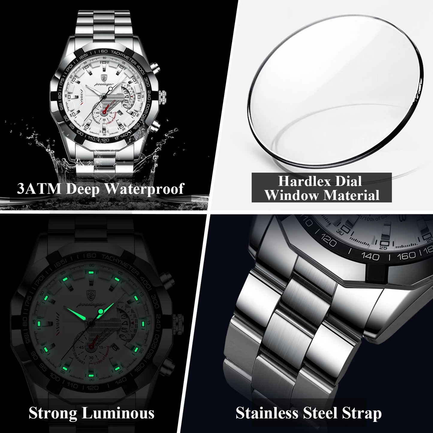 POEDAGAR Business Military Men Clock Waterproof Luminous Calendar Man Wristwatch Stainless Steel Quartz Men's Watches Male Reloj