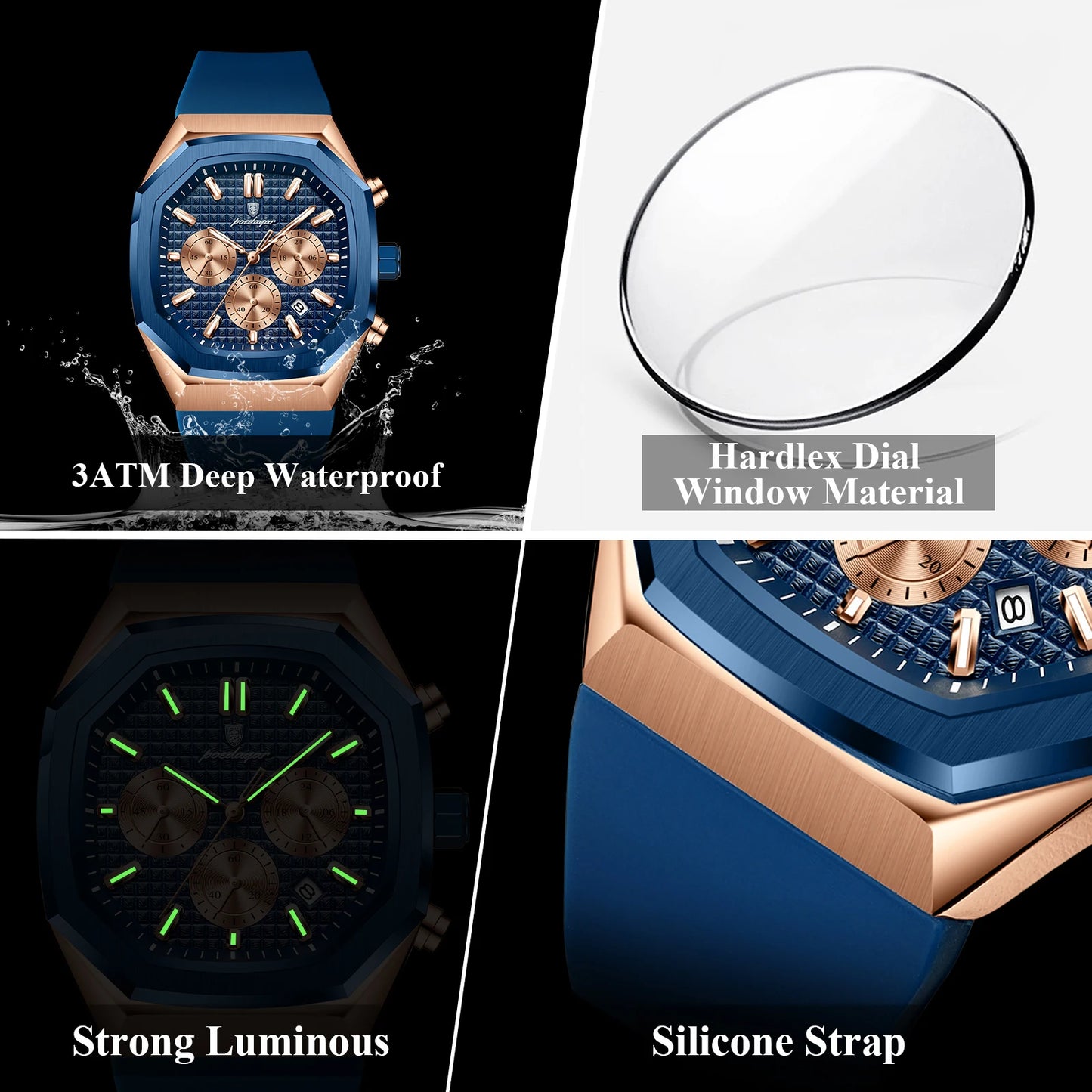 POEDAGAR Business Watch For Men Waterproof Luminous Chronograph Date Man Wristwatch Silicone Strap Quartz Men's Watches Male+Box