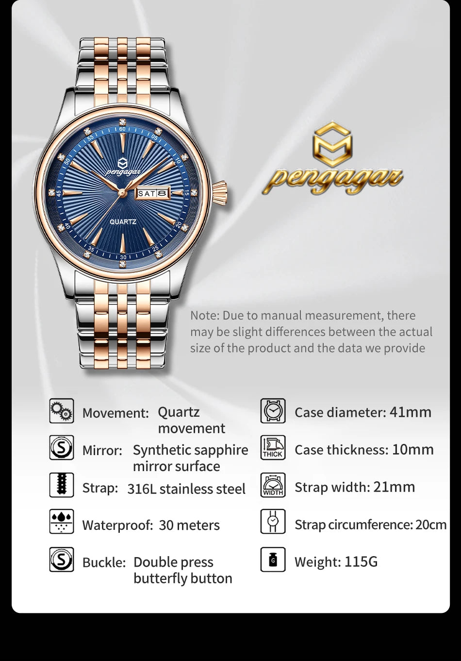 PENGAGAR Luxury Fashion Men Clock Waterproof Luminous Week Date Sports Man Wristwatch Stainless Steel Men's Quartz Watches Reloj