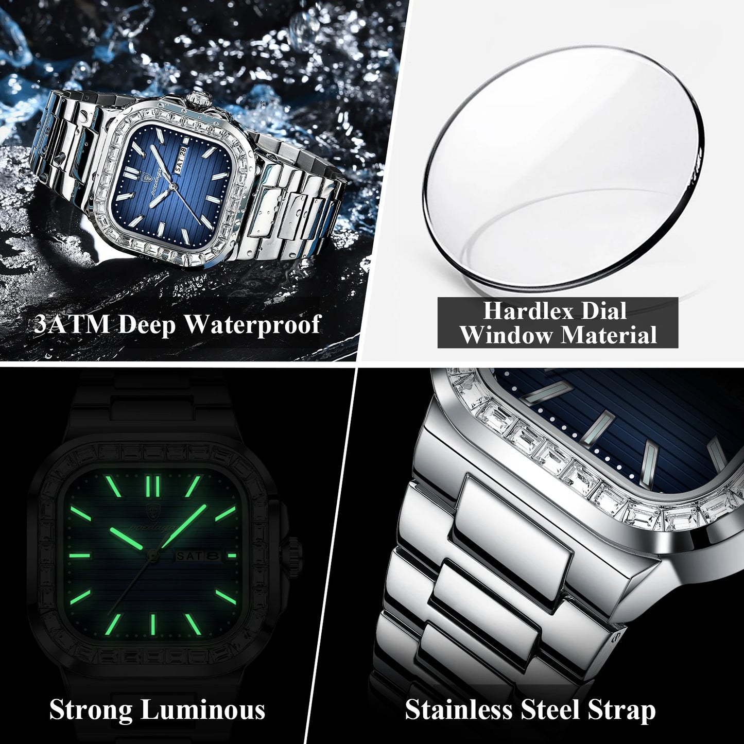 POEDAGAR Luxury Square Watch For Men Waterproof Luminous Date Week Man Watch Stainless Steel Casual Fashion Quartz Men's Watches