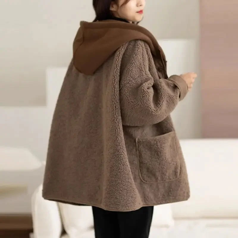 Lamb Wool Fleece Hooded Cotton-padded Jacket Coat