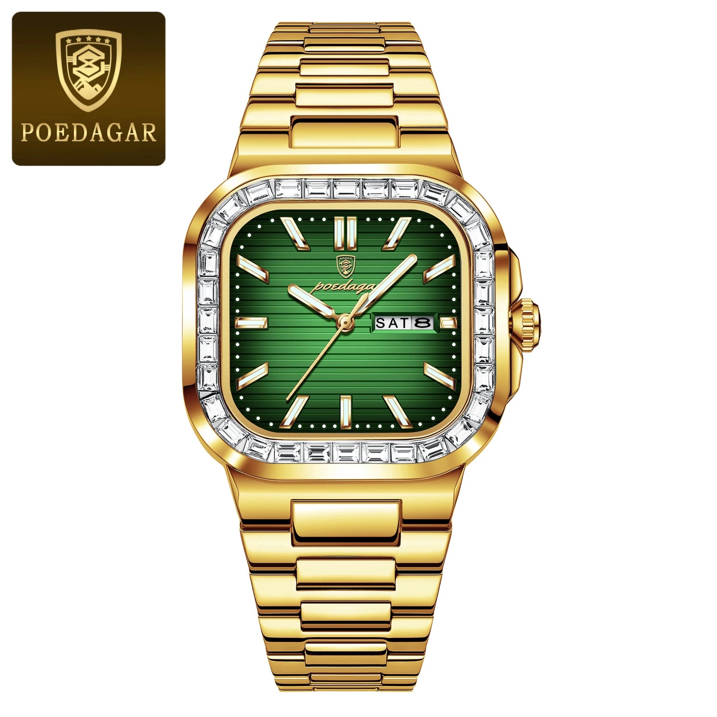 POEDAGAR Luxury Square Watch For Men Waterproof Luminous Date Week Man Watch Stainless Steel Casual Fashion Quartz Men's Watches