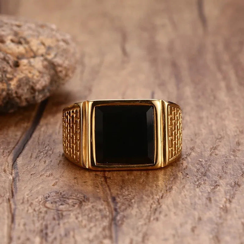 Black Stone Mens Signet Ring, Stylish Gold Color