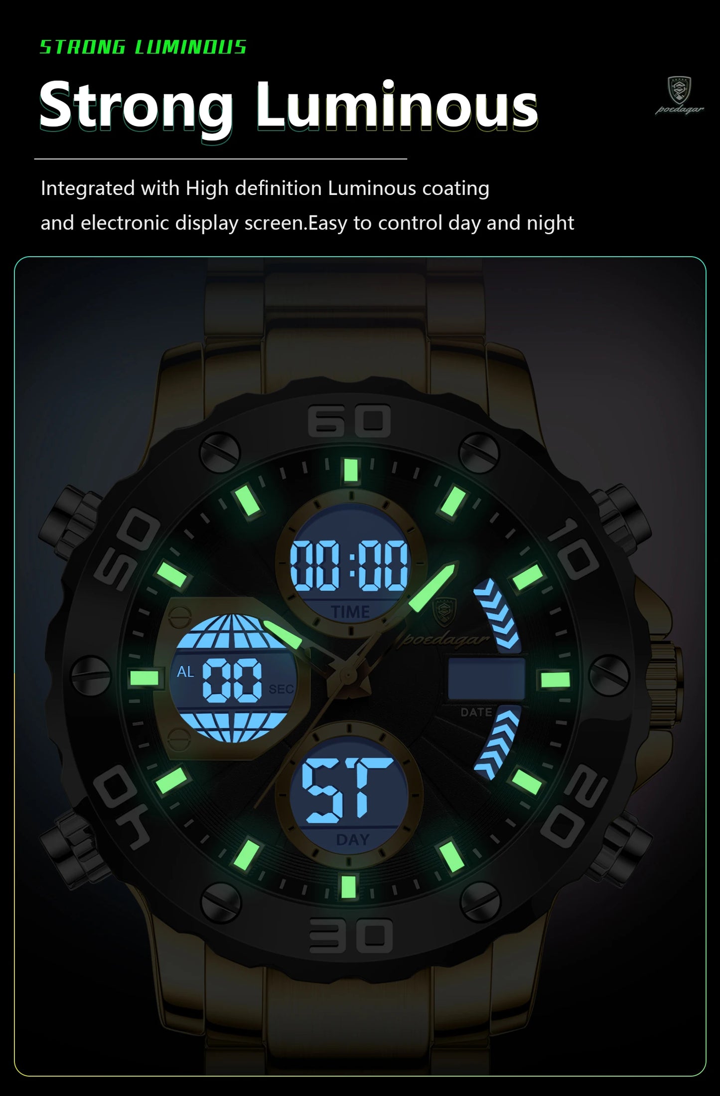 POEDAGAR Original Men Clock Waterproof Luminous LED Date Week Alarm Chronograph Man Watch Dual Time Display Quartz Men's Watches