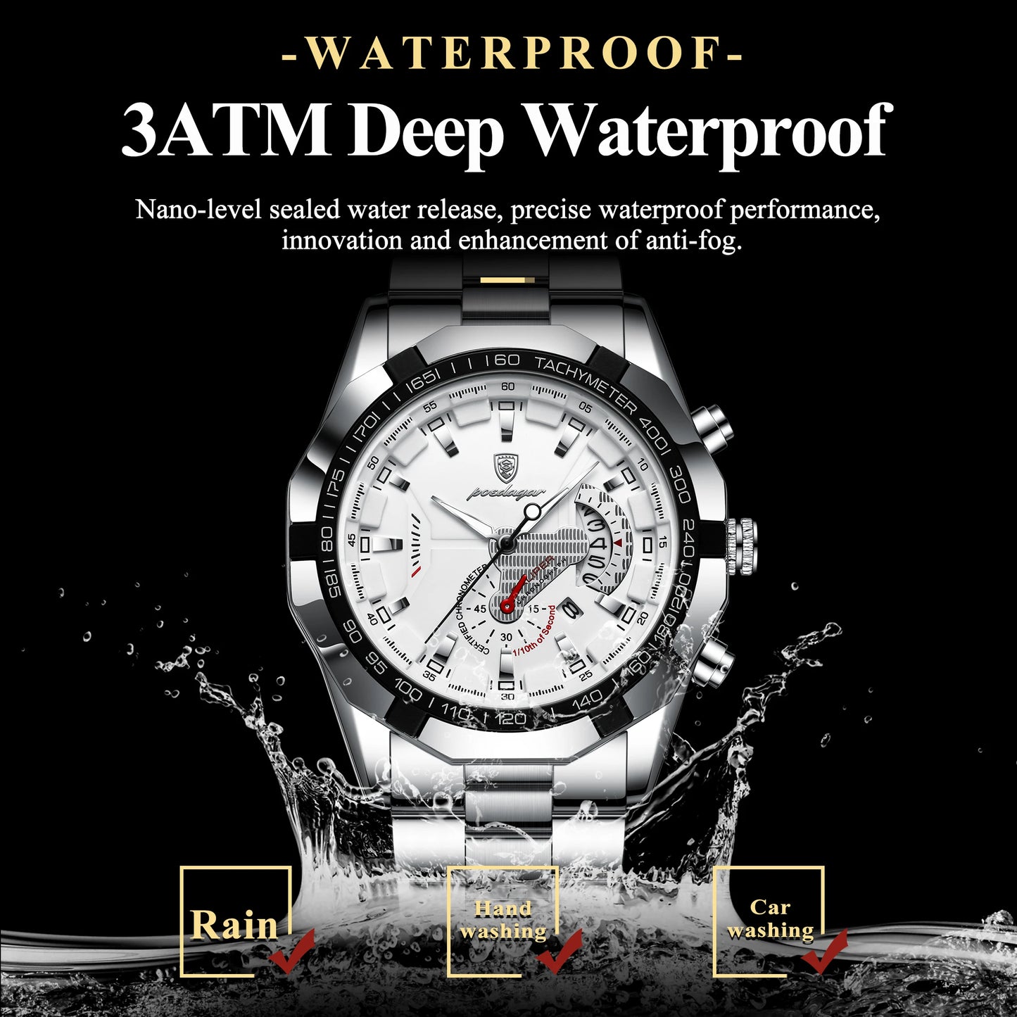 POEDAGAR Business Military Men Clock Waterproof Luminous Calendar Man Wristwatch Stainless Steel Quartz Men's Watches Male Reloj