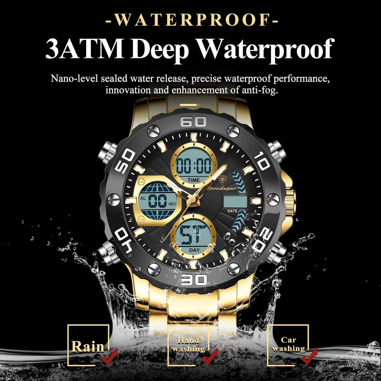 POEDAGAR Original Men Clock Waterproof Luminous LED Date Week Alarm Chronograph Man Watch Dual Time Display Quartz Men's Watches