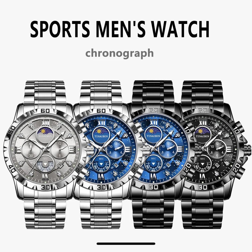 Luxury Men's Watches Sports Quartz Wrist Watch for Man Waterproof Stainless Steel Luminous Chronograph Date Moon Phase Reloj New