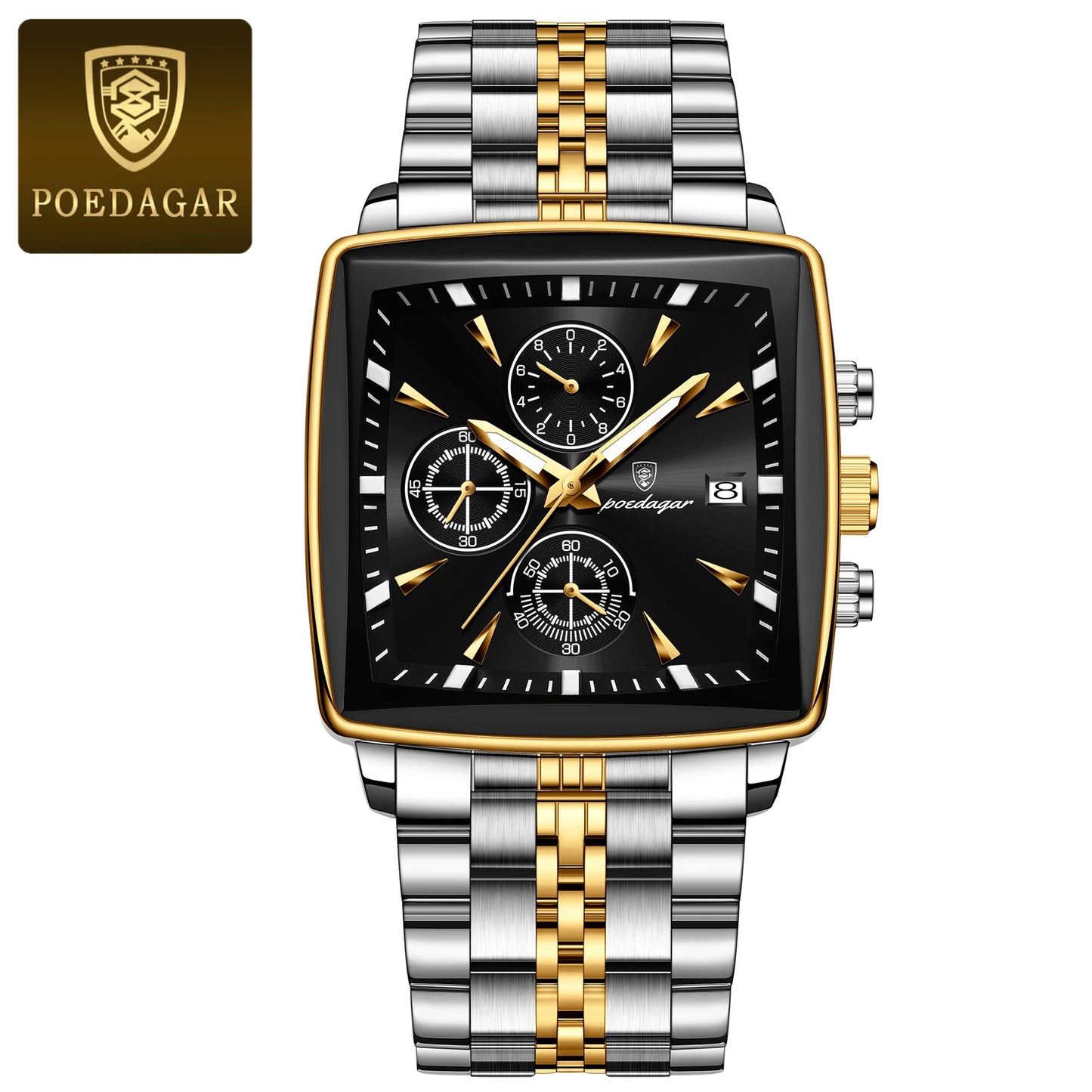 POEDAGAR Original Square Men Clock Waterproof Luminous Date Chronograph Man Watch Stainless Steel Quartz Men's Watches Reloj+Box