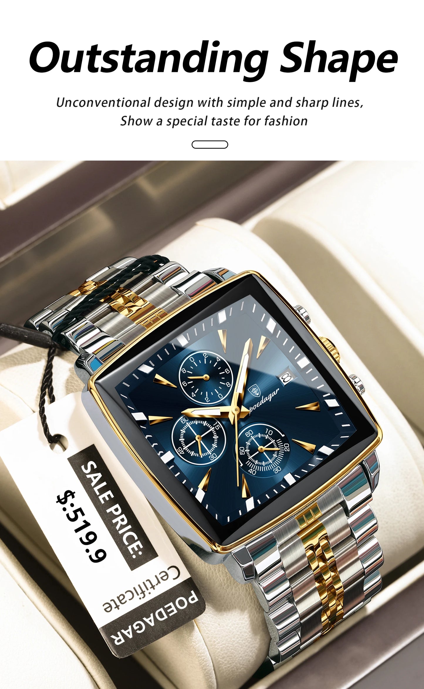 POEDAGAR Fashion Men Watch Luminous Waterproof Chronograph Date Man Wristwatch Square Stainless Steel Quartz Men's Watches Reloj