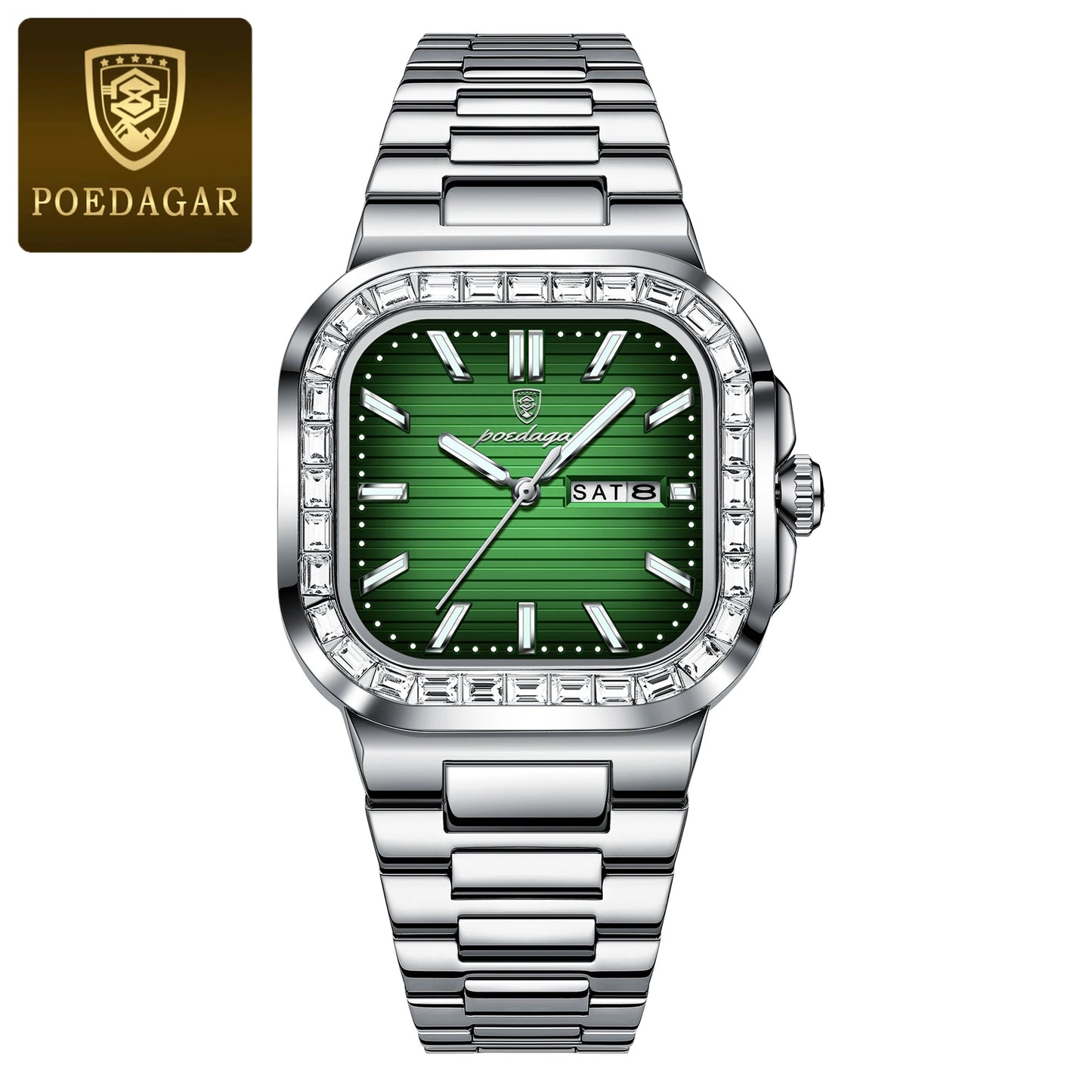 POEDAGAR Luxury Square Watch For Men Waterproof Luminous Date Week Man Watch Stainless Steel Casual Fashion Quartz Men's Watches