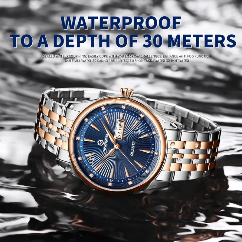 PENGAGAR Luxury Fashion Men Clock Waterproof Luminous Week Date Sports Man Wristwatch Stainless Steel Men's Quartz Watches Reloj