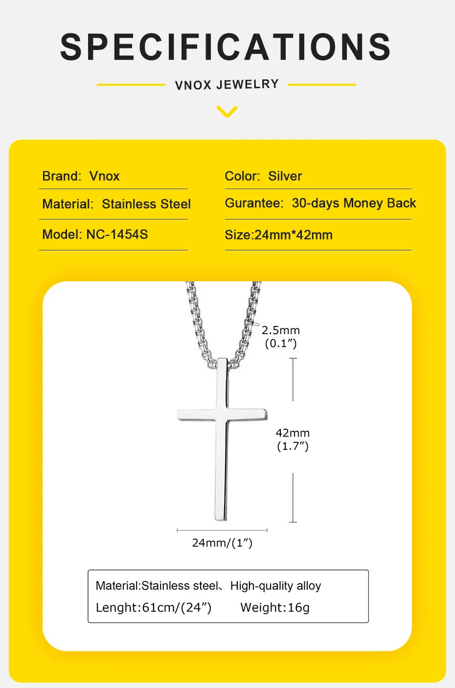 Vnox Cross Necklace for Men