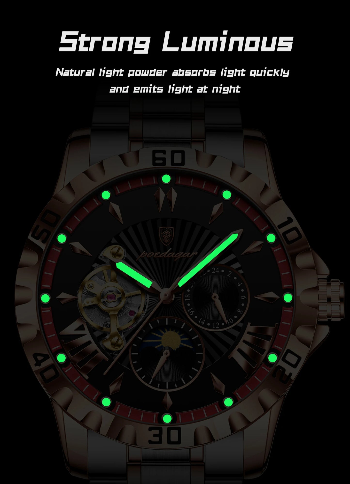 POEDAGAR Luxury Men Clock Hollow Tourbillon Automatic Mechanical Man Watch Waterproof Luminous Stainless Steel Men's Watches+Box