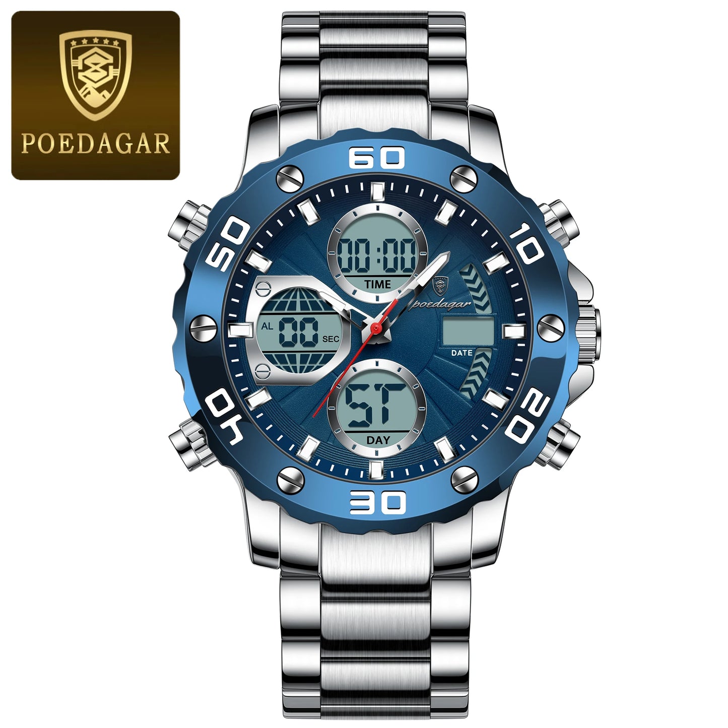 POEDAGAR Original Men Clock Waterproof Luminous LED Date Week Alarm Chronograph Man Watch Dual Time Display Quartz Men's Watches