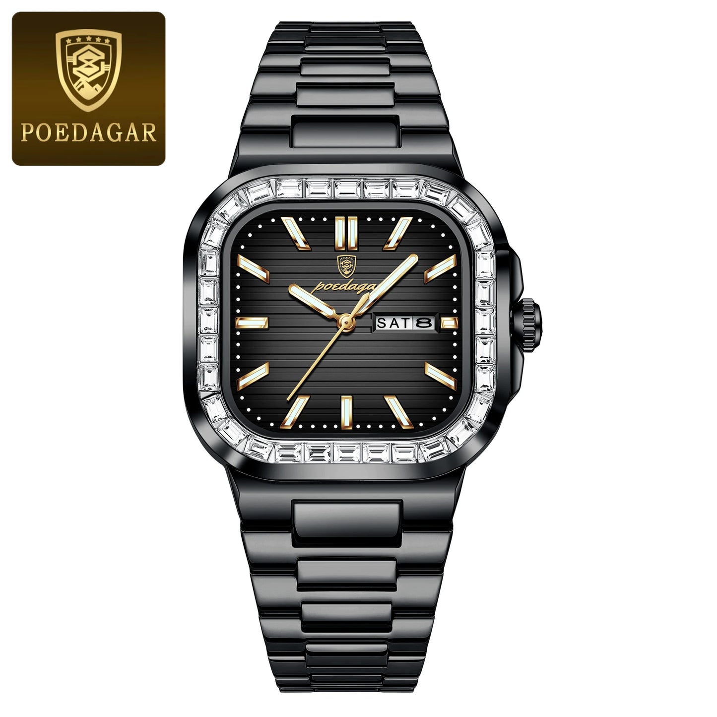 POEDAGAR Luxury Square Watch For Men Waterproof Luminous Date Week Man Watch Stainless Steel Casual Fashion Quartz Men's Watches