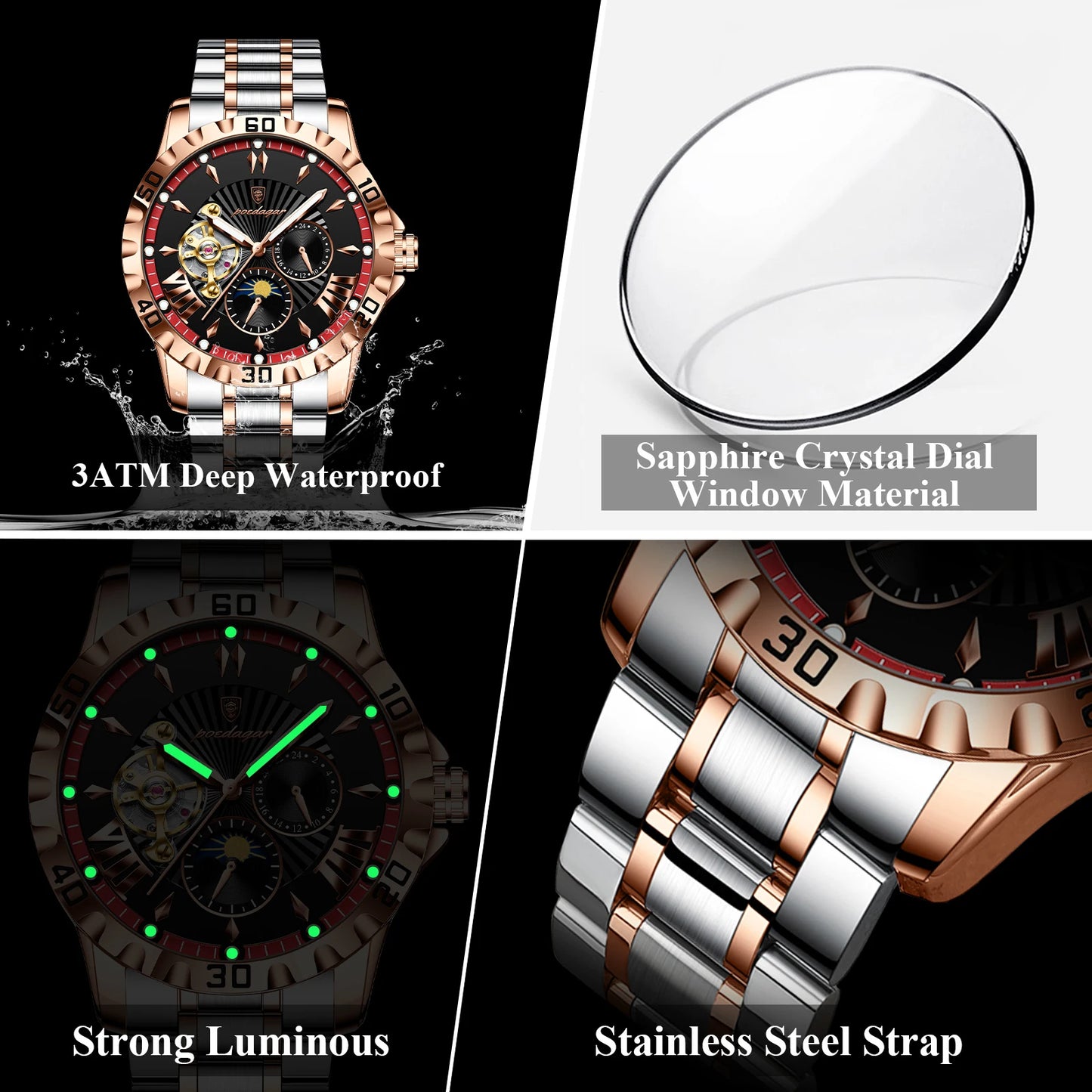 POEDAGAR Luxury Men Clock Hollow Tourbillon Automatic Mechanical Man Watch Waterproof Luminous Stainless Steel Men's Watches+Box