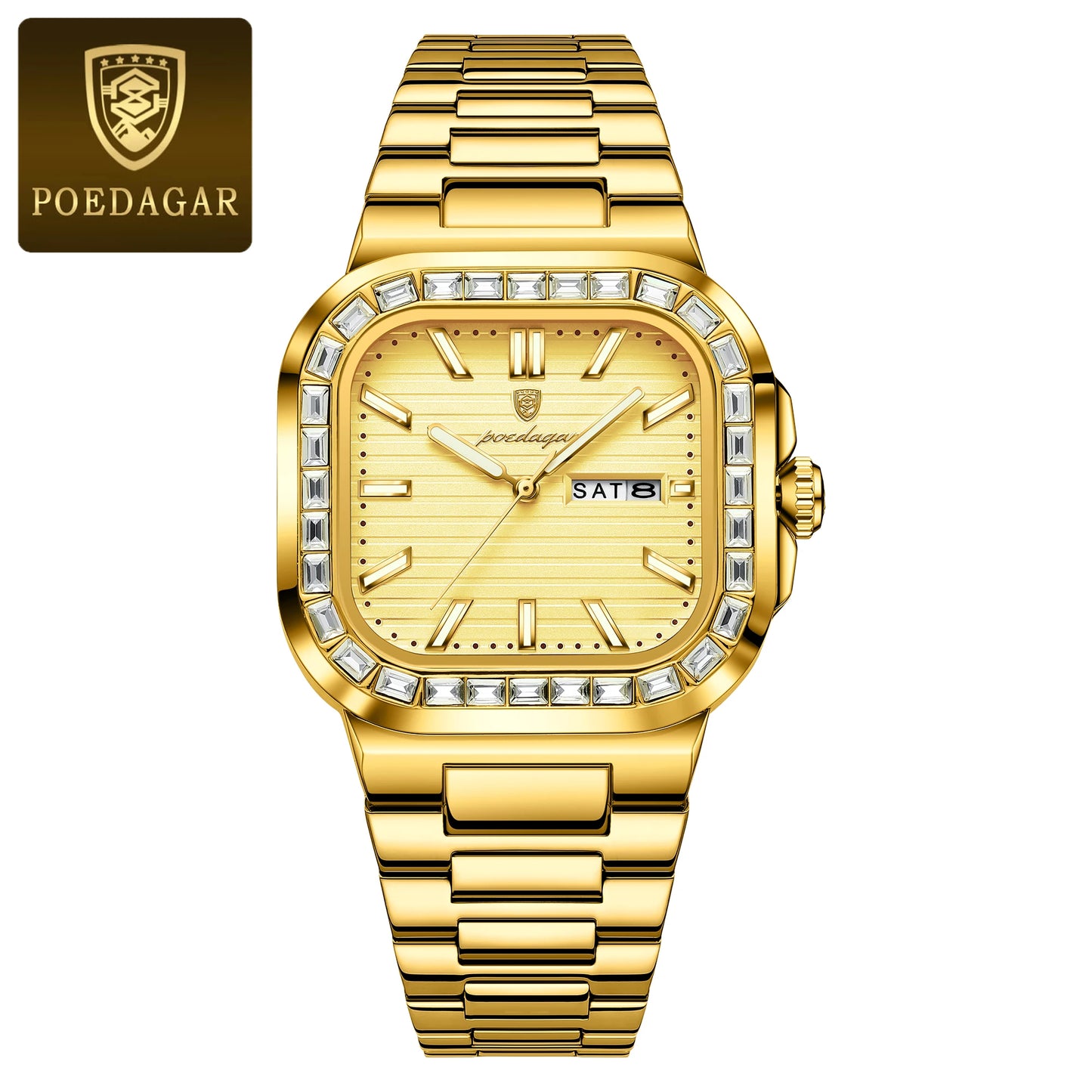 POEDAGAR Luxury Square Watch For Men Waterproof Luminous Date Week Man Watch Stainless Steel Casual Fashion Quartz Men's Watches