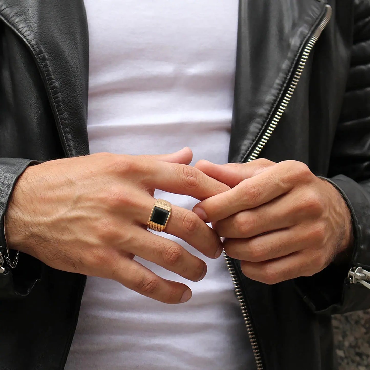 Black Stone Mens Signet Ring, Stylish Gold Color