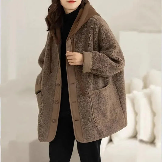 Lamb Wool Fleece Hooded Cotton-padded Jacket Coat