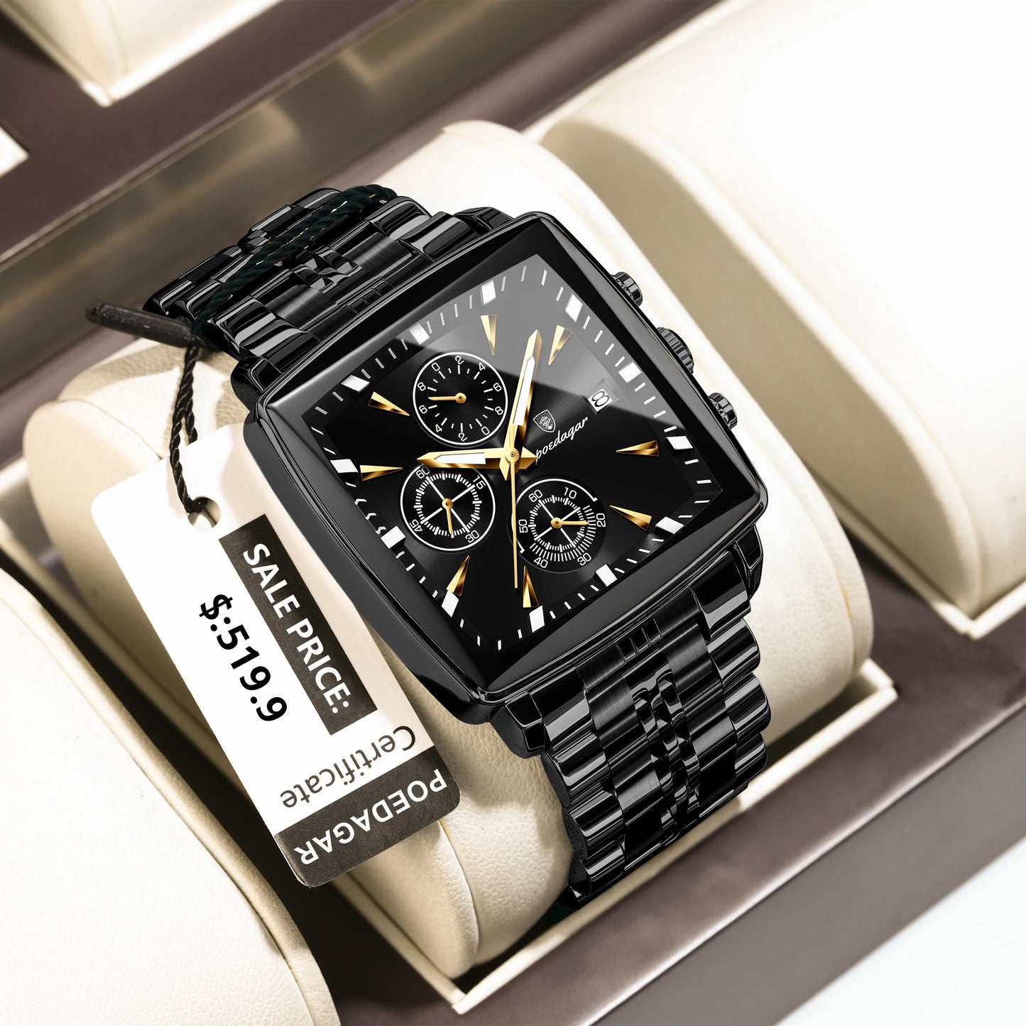 POEDAGAR Original Square Men Clock Waterproof Luminous Date Chronograph Man Watch Stainless Steel Quartz Men's Watches Reloj+Box